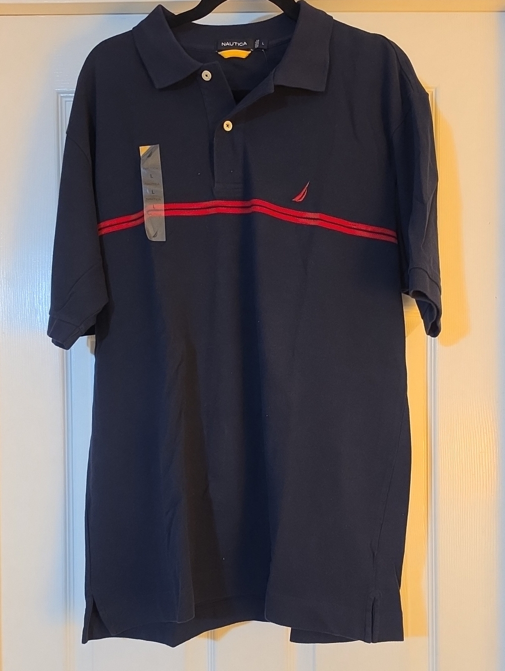 NWT-Nautica Navy Polo with Red Chest Stripe and Embroidered Logo